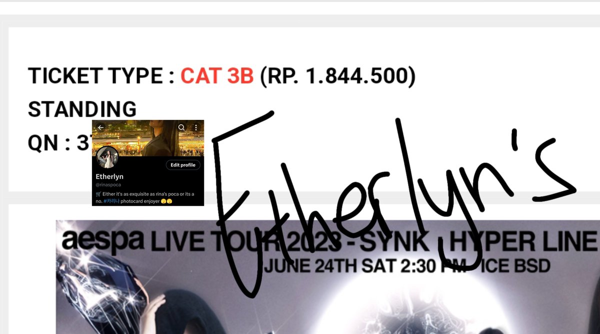 rinaspoca's tweet photo. Wts aespa synk hyperline concert in jkt cat 3B. QN nya 3**. Pake data pribadi, nanti dibantu untuk tuker (aku nonton juga). Temenku tiba tiba gak bisa ikut soalnya ada lomba. Harganya samain di pict aja. DM aja ya <3. https://t.co/IVyOCOQsrQ