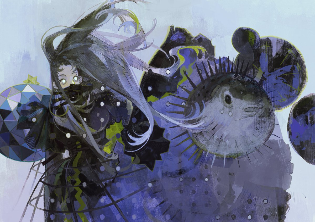 1girl solo long hair umbrella horns holding blue hair  illustration images