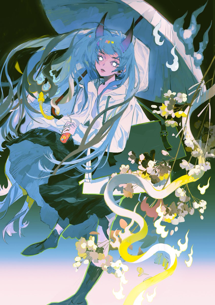 1girl solo long hair umbrella horns holding blue hair  illustration images