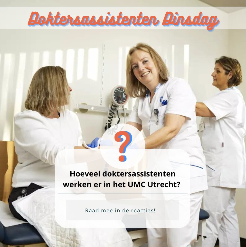 WerkenbijUMCU's tweet photo. Welkom bij de "Doktersassistenten Dinsdag" quiz! 🎉

⁉️ De eerste vraag in deze reeks: “Hoeveel doktersassistenten werken er eigenlijk bij het UMC Utrecht?”

👑 Raad mee in de reacties!
https://t.co/xAHInxyH0L

#doktersassistent #quizvraag #medisch https://t.co/1u49uEKHf5
