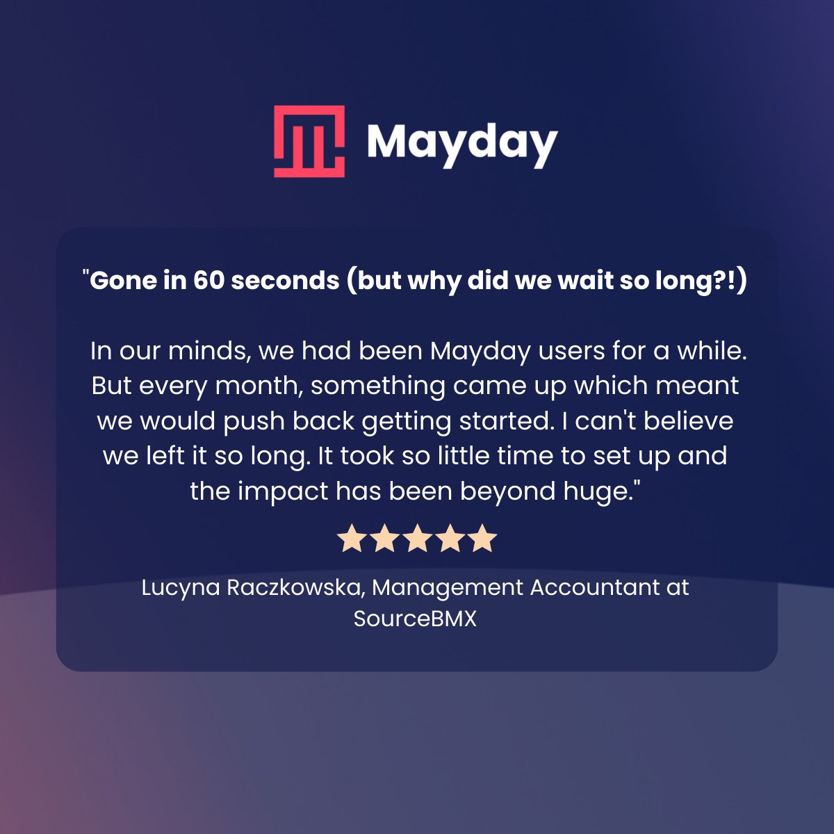 SourceBMX have saved countless hours of manual pain with Mayday, a huge return on the 60 seconds investment it took them to get set up 🙌

Read all about the swift set-up and ultimate return on investment in our latest blog, linked below.

#AccountingAutomation #Xero #Technology
