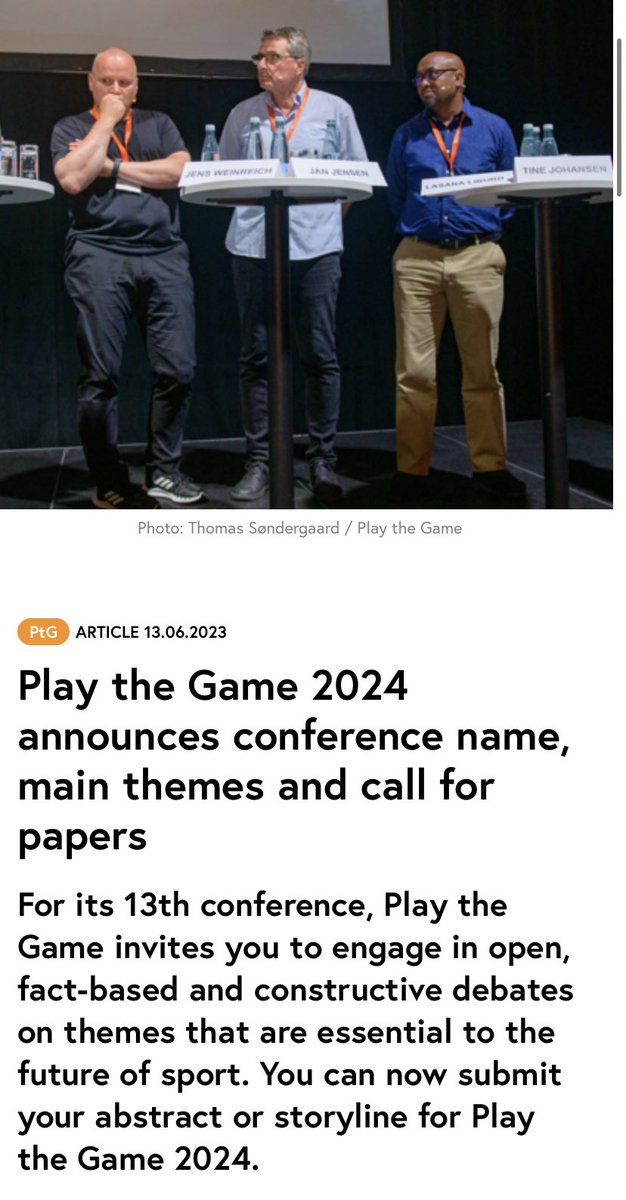 Interested in joining us for four days of intense debate on the most important issues in international sport?

Then sign up and/or submit an abstract for 'Play the Game- Clearing sport, sparking change' - our 13th international conference👉 playthegame.org/news/play-the-…
 
#ptg2024