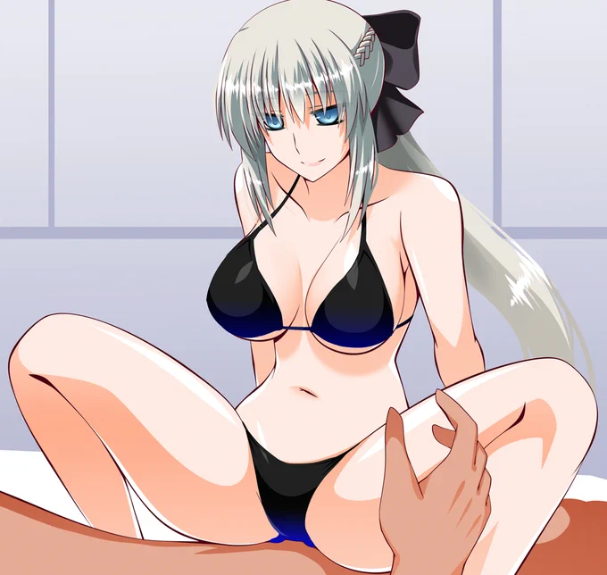 今年の夏イベでモルガン様に 黒ビキニ着てほしすぎて… マイルームでのしかかられたい気持ちが あふれだしたので描いた^^