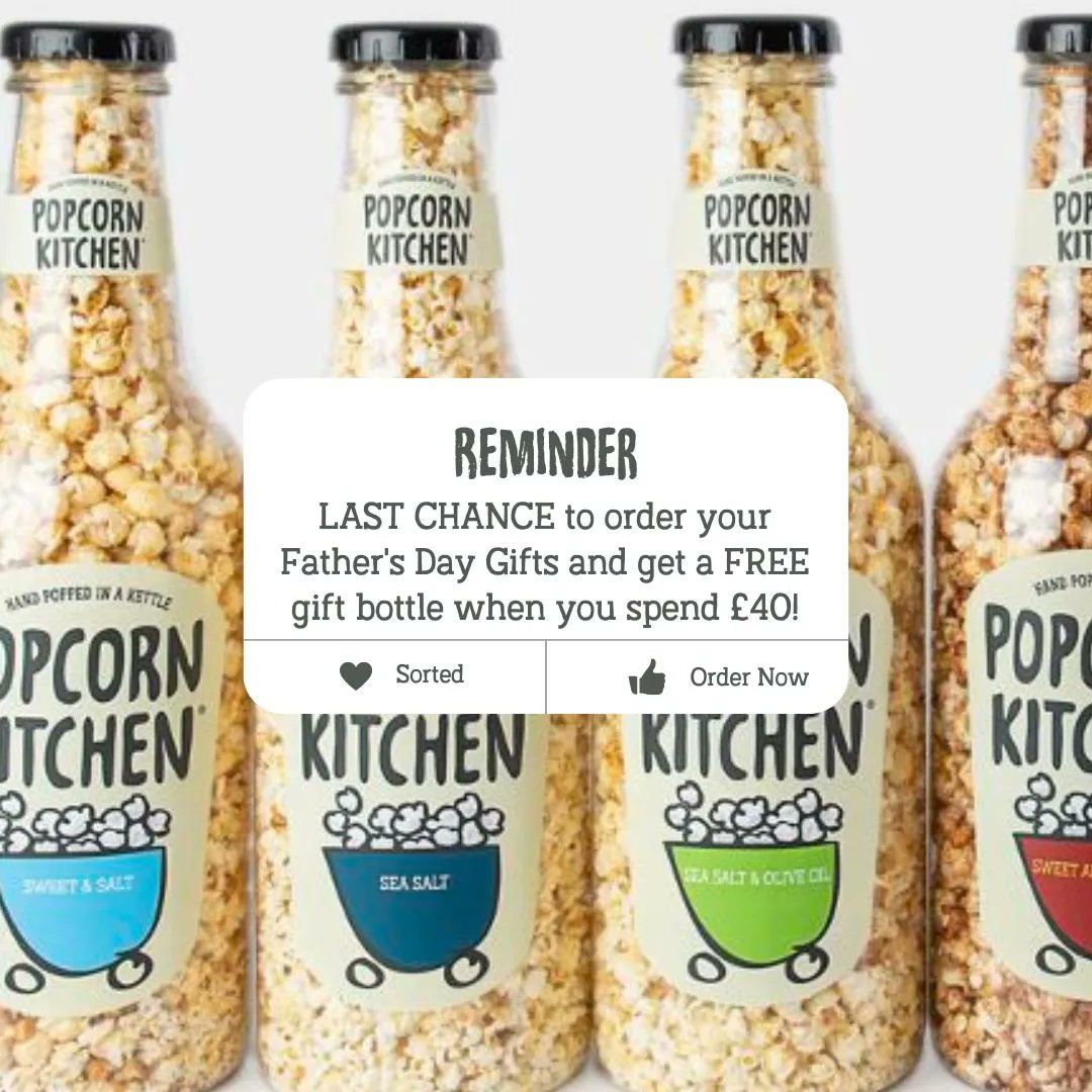 LAST CHANCE TO ORDER FOR FATHER'S DAY

It's your last chance to get your popcorn #gifts before Sunday and get a FREE gift bottle when you spend £40!

Order before midday tomorrow for next-day delivery in time for Father's Day 💛

Shop here 👇🏻
popcornkitchen.co.uk/collections/gi… 

T&amp;Cs Apply.