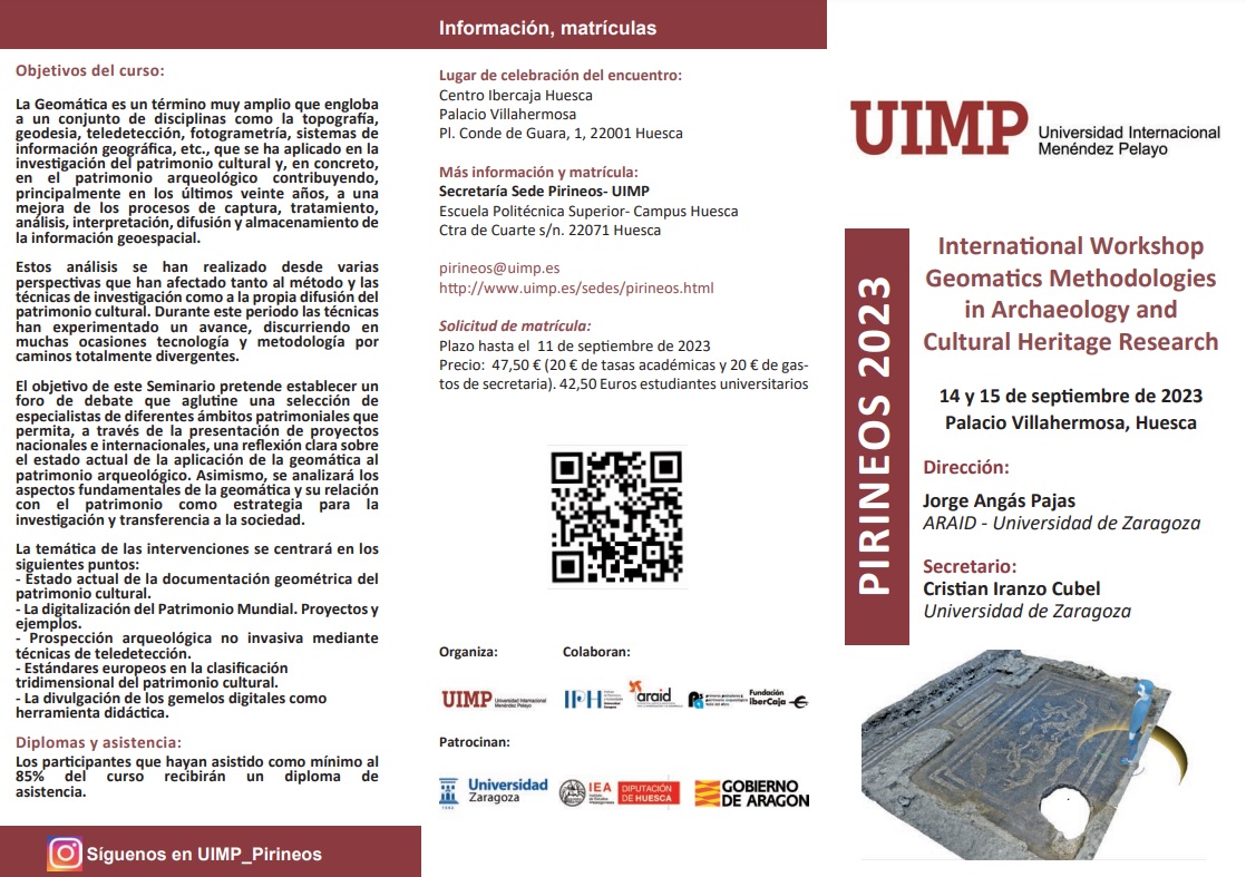 ARAID_ES's tweet photo. Jorge Angás, ARAID en @iphunizar @FacultadFiloZgz, dirige el curso "Metodologías Geomáticas en la Investigación en Arqueología y Patrimonio Cultural" que se impartirá en @uimp_pirineos y cuyo programa puedes ver en estas imágenes👩‍🔬👨‍🔬

📆14-15 sept 2023
➡️https://t.co/1byJKAWMac https://t.co/SAcgo63VdL