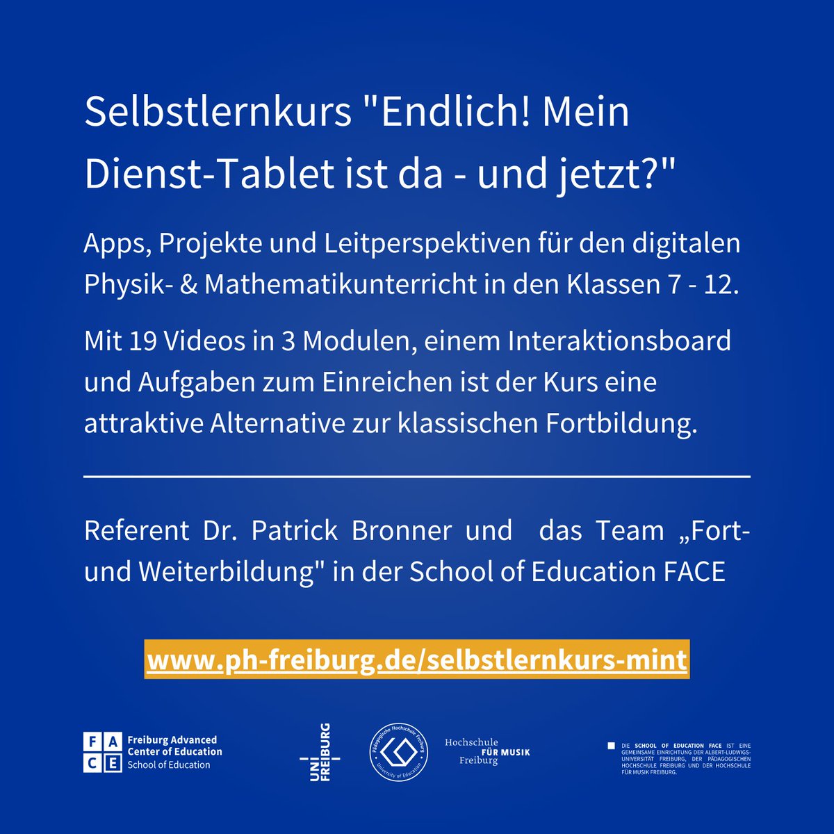 Für Lehrkräfte der Physik und Mathematik der Klassenstufen 7 - 12 haben wir den videobasierten Selbstlernkurs “Endlich! Mein Dienst-Tablet ist da – und jetzt? mit Referent Dr. Patrick Bronner entwickelt.
Hier geht es zum Kurs:
ph-freiburg.de/selbstlernkurs…
#twlz #edubw