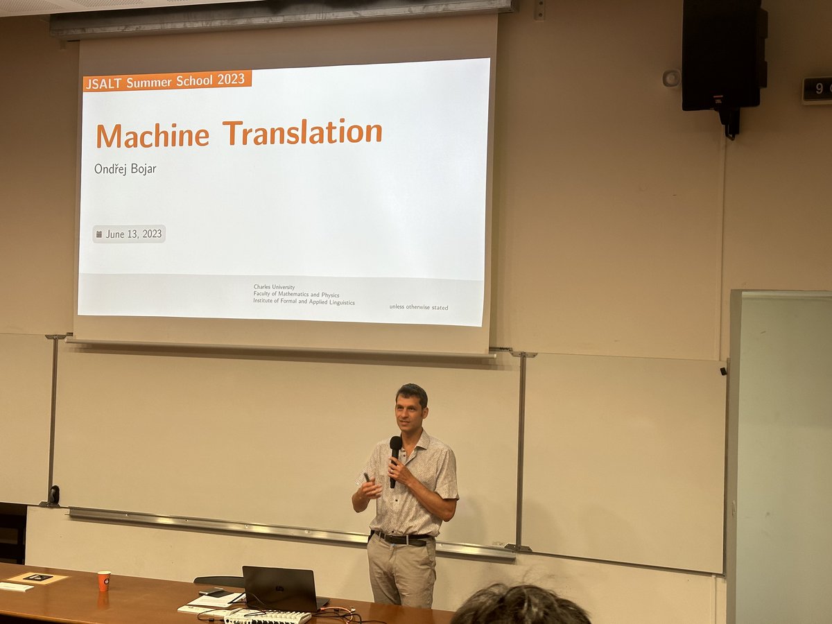 jsalt2023's tweet photo. Machine Translation presented by Ondrej Bojar from Charles University #LeMansUniversity #LIUM #JSALT2023 https://t.co/a9rRLQUWHx