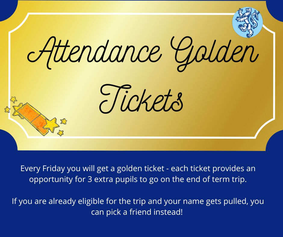 Be on time and in your lines every Friday for the chance to win a space on the upcoming end of term trips. Already eligible for the trip? Not a problem - you can pick a friend to join you if your name is pulled!  
#Neat #AttendanceMatters #GoldenTickets #NEAT #WeAreBenfield.