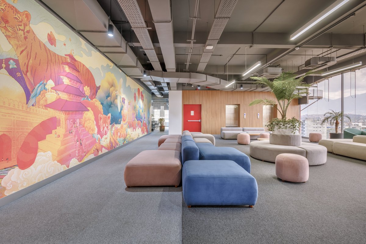 StudioNeba's tweet photo. DARAZ's innovative interior: breakout spaces fuel creativity. Artwork by Ubhang Nembang reflects presence in Nepal, Singapore, Pakistan, Sri Lanka, Bangladesh, and Myanmar.#neba #studioneba #daraz https://t.co/7hvli5wGi1 https://t.co/Mn4sKhdS8f