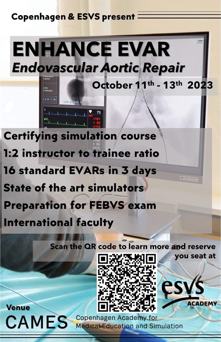 Are you about to enter the hybrid room and operate your first EVAR? 
We can help you prepare so you will feel confident in the procedural steps. Sign up via esvs.org or via the QR below.
We look forward to welcome you in Copenhagen