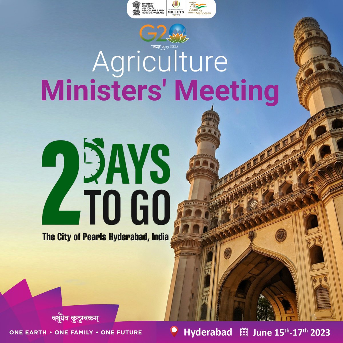 Hyderabad, Get ready to welcome the global leaders who will be a part of  #G20 Agriculture Ministers' Meeting from 15th to 17th June 2023 in your city! Let's aim to create a better tomorrow for our #farmers, their families, and our #environment.
#G20India #G20AMM2023
@g20org