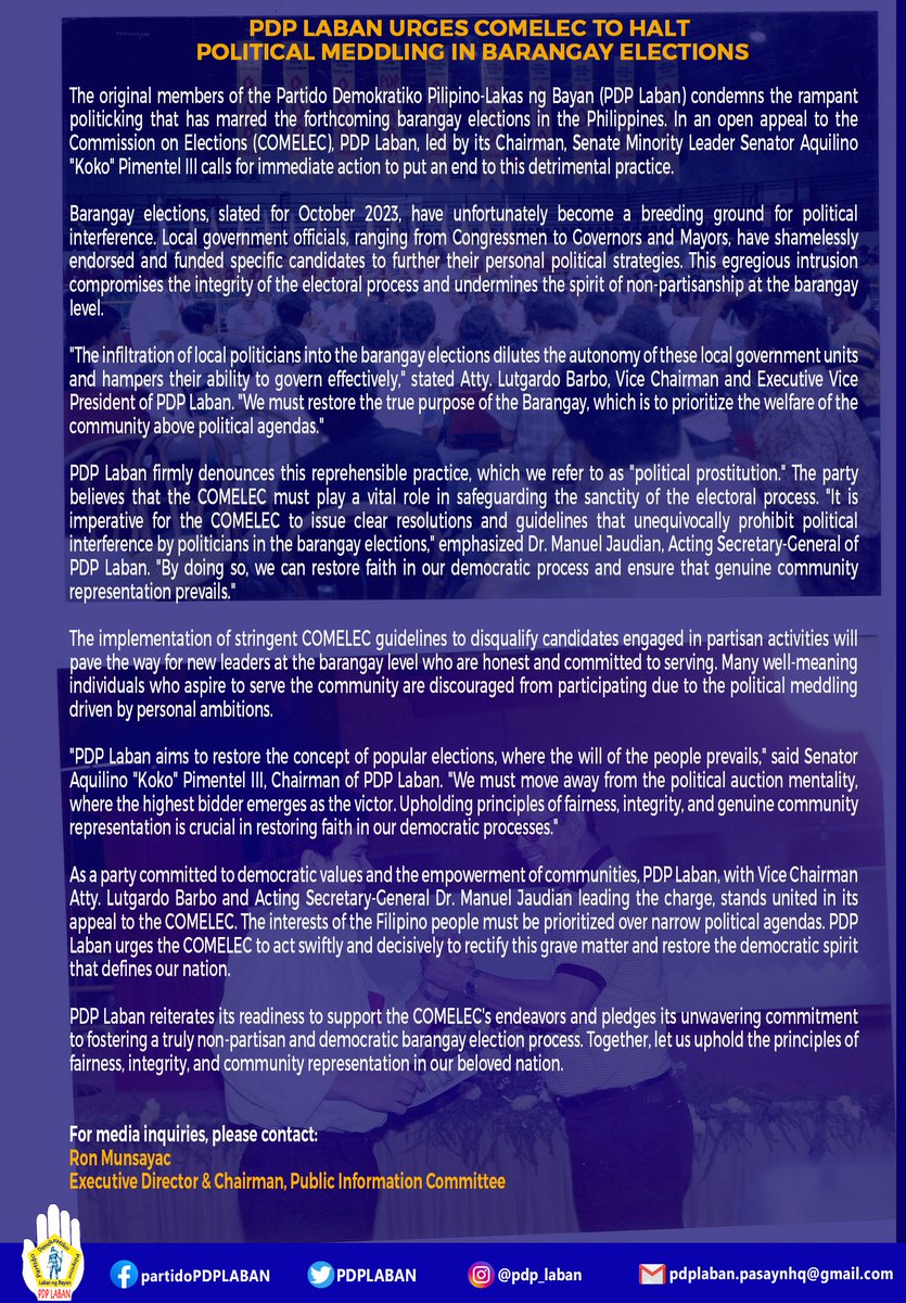 PDP LABAN URGES COMELEC TO HALT POLITICAL MEDDLING IN BARANGAY ELECTIONS

#barangayelections
#comelec
#pdporig