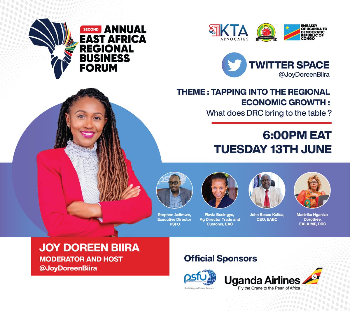 kta_law's tweet photo. Join us this evening at 6 pm for a Twitter Space leading up to next month's #KTAEABizForum.  

Our panelists will delve into what the D.R.C brings to the table as different stakeholders look to tap into Regional Economic Growth. 

Join using this link: https://t.co/cTajucG3v6 https://t.co/agFjbZeAgp