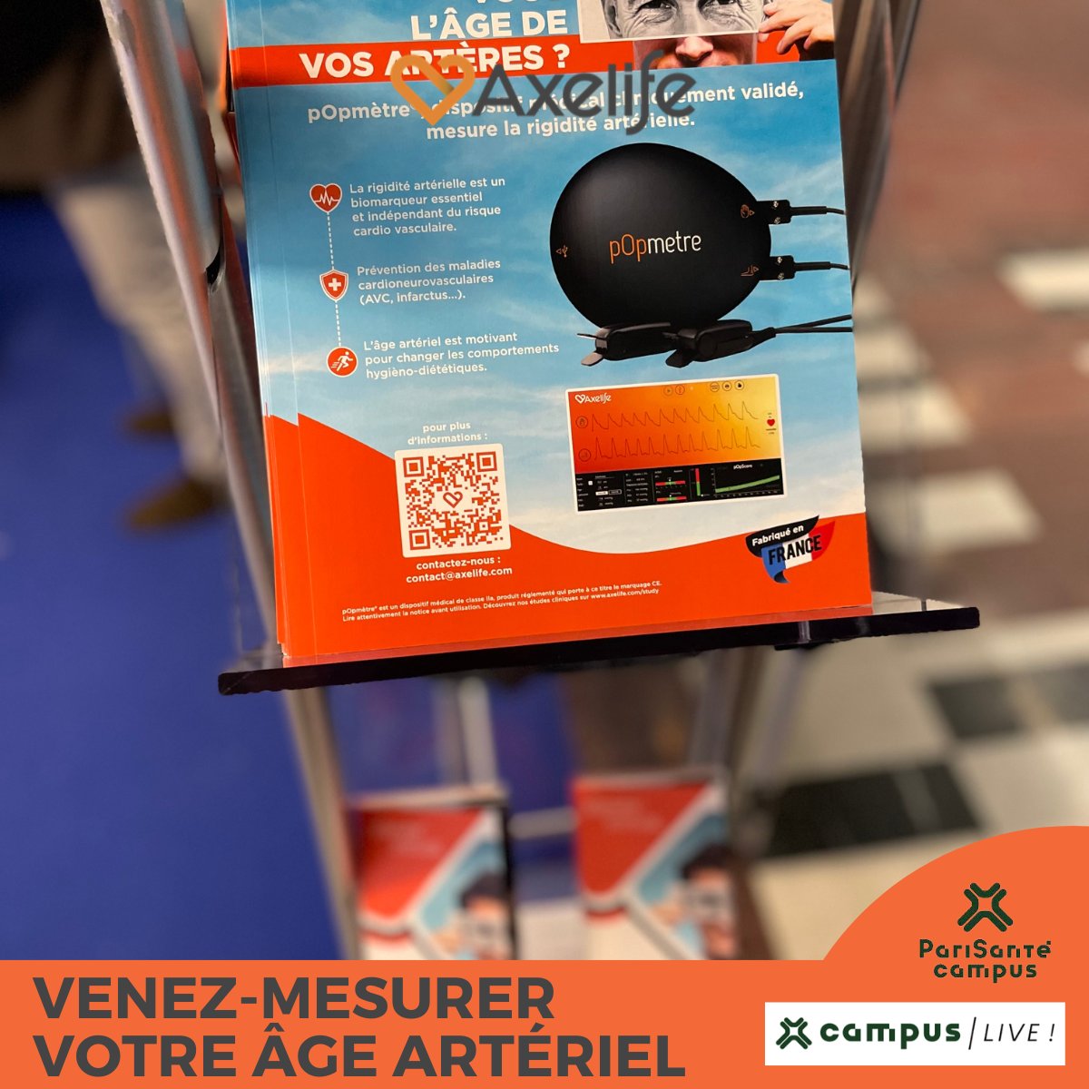 AXELIFE_fr's tweet photo. Et si vous preniez 5 minutes lors de votre passage @parisantecampus #CampusLive2 pour faire le point sur votre santé cardiovasculaire et découvrir un biomarqueur essentiel et indépendant dans l'évaluation cardiovasculaire ? #dépistage #classification #prévention #hcsmeufr https://t.co/CSwHvDbonb