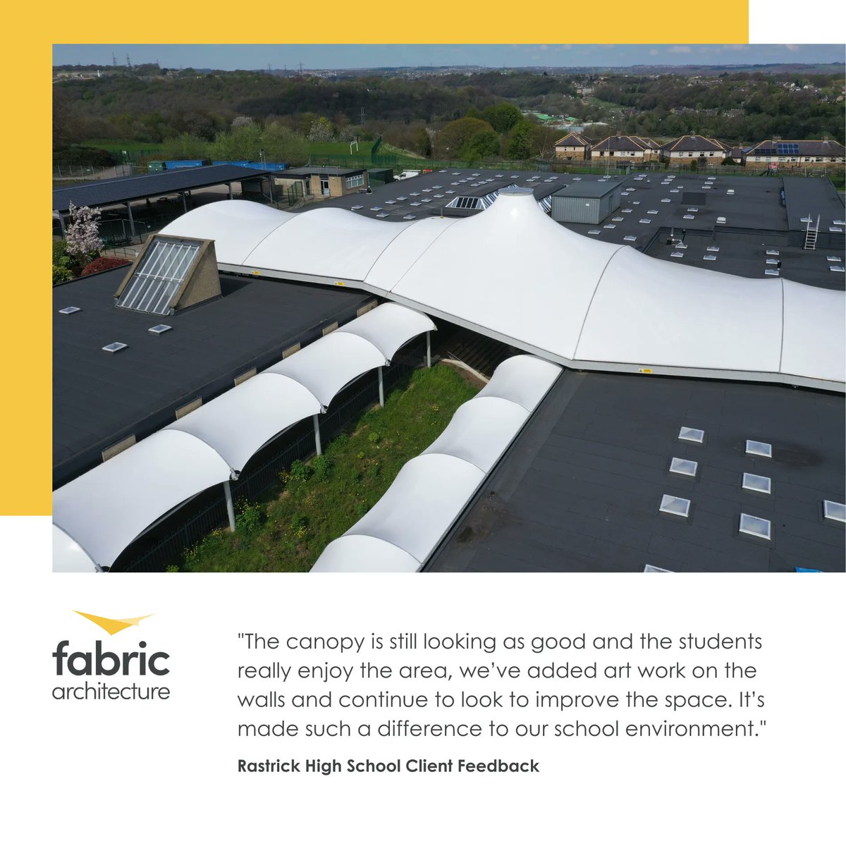 FabArchitecture's tweet image. PROJECTS: This project delivered additional social space and protection from the elements for students. The client and pupils love the result - see what they say about this fabulous project. #fabricstructure #tensile #shadestructure
  
fabricarchitecture.com