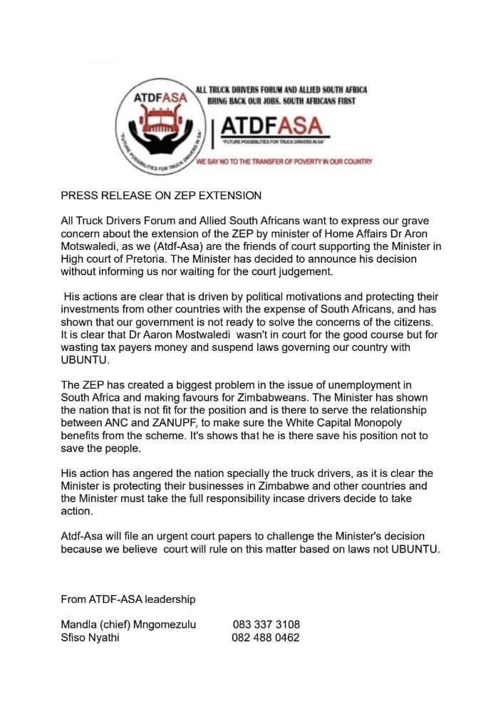 ATDT-ASA TO CHALLENGE THE EXTENSION OF ZEPs Gatvol truck drivers forum of South Africa are going to challenge the decision by Dr Aaron Motsoaledi to extend the Zimbabwe Exemption Permits.