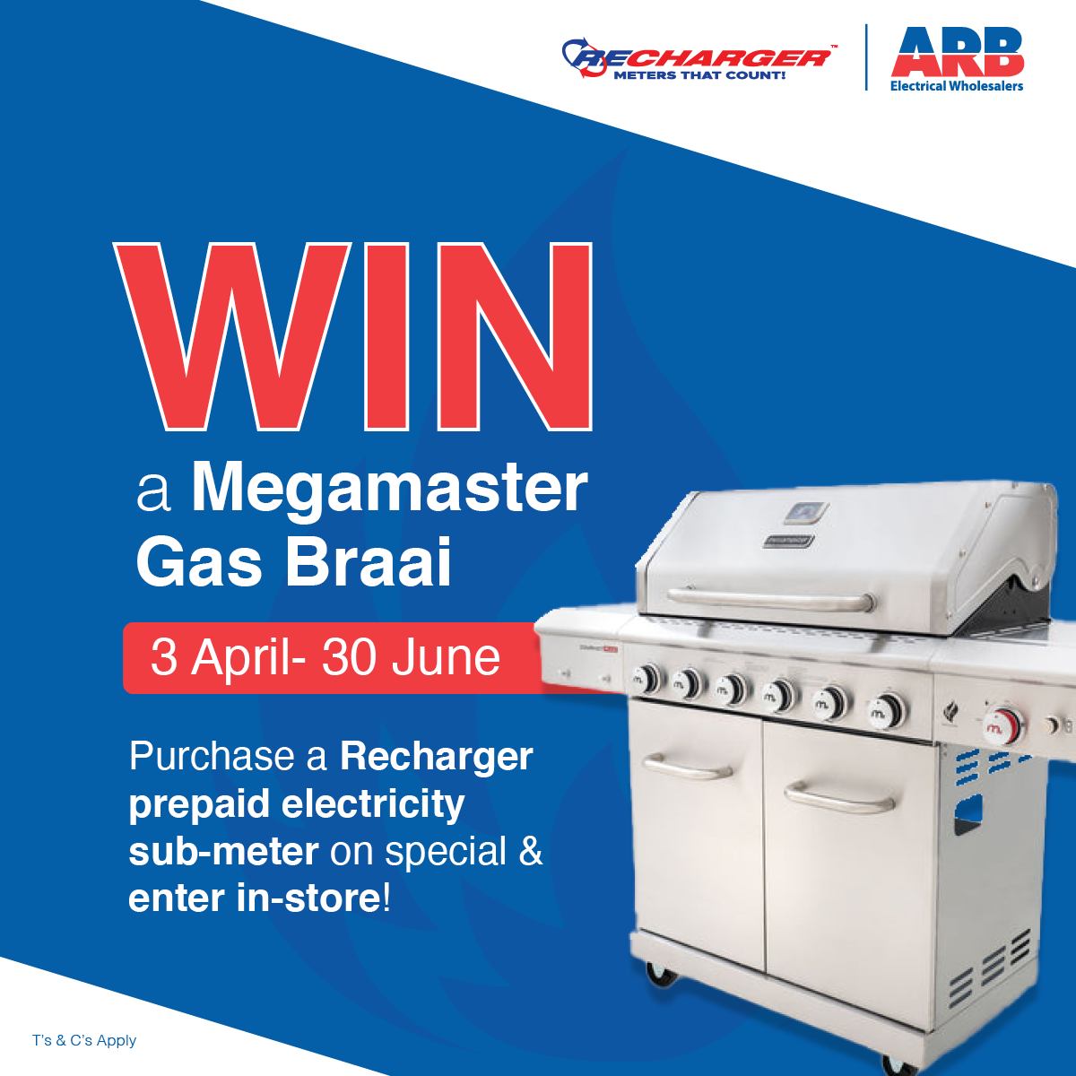 WIN a Megamaster Gas Braai! By buying any of these Recharger prepaid electricity sub-meters, which are available on special at any ARB branches, you can complete an entry form to participate.

T's and C's apply.

#Recharger #prepaidmeters #ARB #electricals #gasbraai #WIN