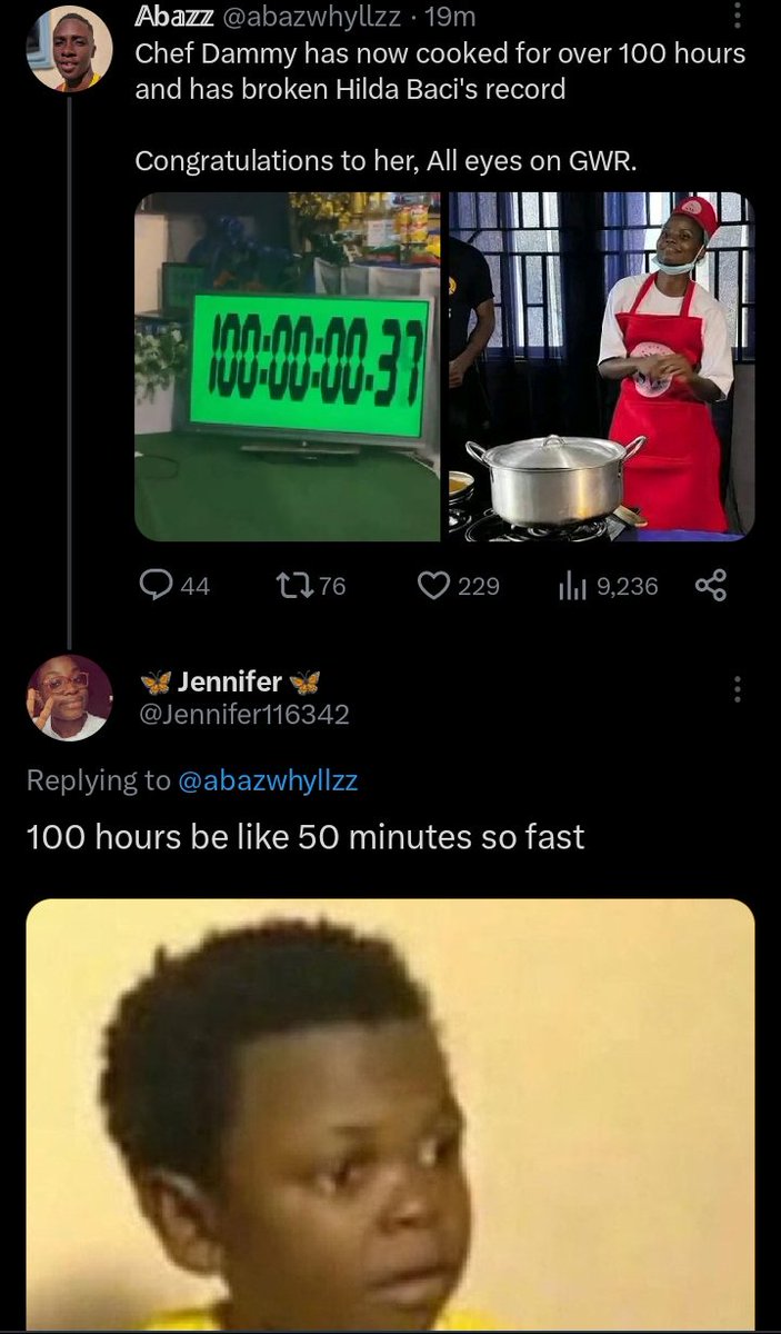 Alaba589's tweet photo. Funny response/video Thread 😂

1. Chef Dammy finished cooking for 100hrs but TwitterNG says e too fast. Haaa😭😭😭😂🤣 https://t.co/ENhjoQY3Ib