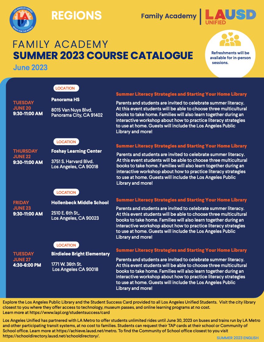 MsTinocoEnciso's tweet photo. Families, we invite you to download the copy of the June 2023 Family Academy Course Catalogue by visiting https://t.co/bf7XKHnt2r. There are a variety of options to engage in-person.

@LASchoolsEast https://t.co/9GyoLESyUY