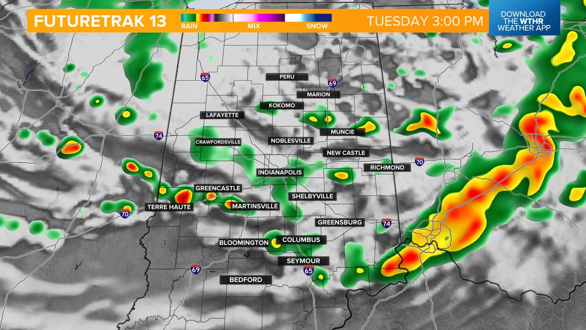 A peek at the afternoon showers that will be rolling in. See you LIVE on #13sunrise this morning.
 #13weather #inwx @WTHRcom