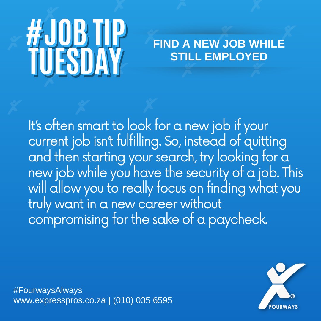 EFourways's tweet image. #JOBTIPTUESDAY

Find a new job while still employed 

#JobTip #jobseekers #jobsearch #recruitment #jobsearching #jobhunt #employment #jobopportunity #recruitmentagency #staffingagency #ExpressProsFourways #FourwaysAlways
#StaffingExperts #PuttingAMillionPeopleToWork