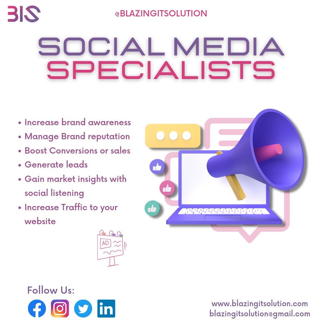 SolutionBlazing's tweet photo. "๐ข Reach a wider audience and boost your business with Social Media Marketing! Blazing IT Solution offers expert services to get your message out there effectively. Don't miss out on the power of social media. Contact us today! ๐ #BlazingITSolution #SoftwareCompany #ITService https://t.co/y6ggaTH60l