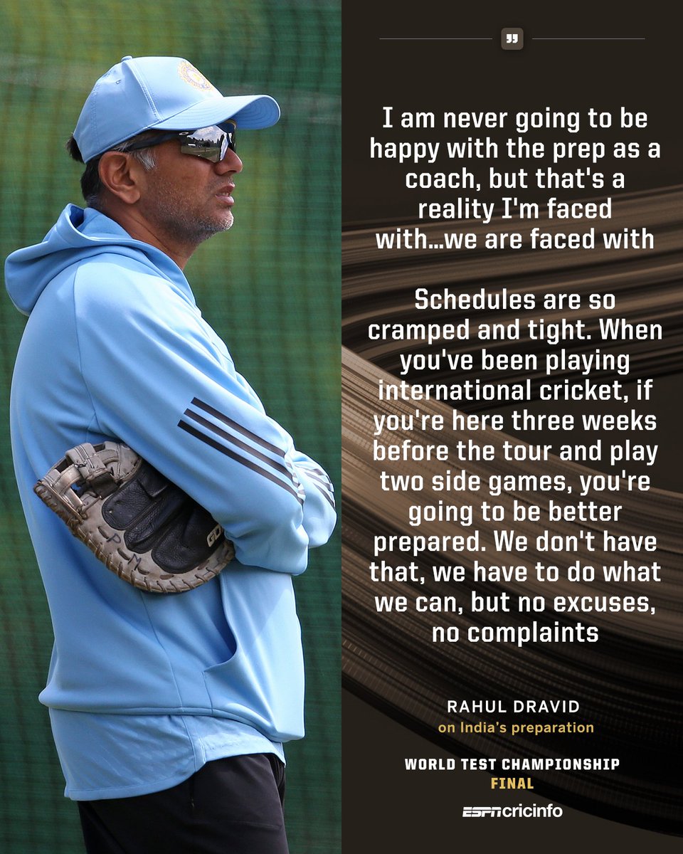 ESPNcricinfo's tweet photo. Coach Dravid would have liked more time, but acknowledges the reality of the situation #WTCFinal

👉 https://t.co/8F9nKbTTL6 https://t.co/P8s4kLIZ5j