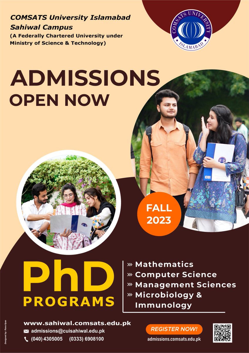 ComsatsSahiwal's tweet photo. ADMISSIONS FALL 2023 - OPEN NOW
BS | MS | PhD Programs
Apply at: https://t.co/VKEnVY2Z2M
For more information: (040) 4305005 or (0333) 6908100
#ComsatsUniversity #Sahiwal #cuisahiwal #joincomsats #COMSATS #ComsatsUniversity #admissionsfall2023 #fall2023 @CUIofficial https://t.co/52O3zWFe7B