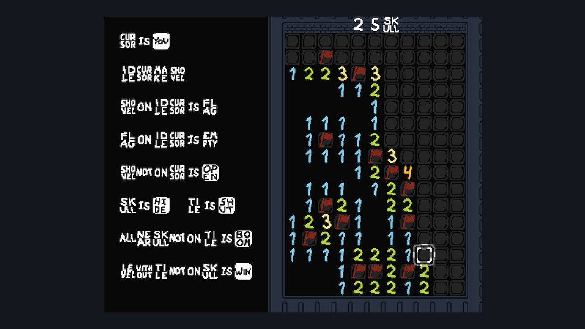 Kovolta's tweet photo. @Carl_Sagan42 I saw your latest video with the Baba Is You levels and thought you might find these interesting. 

817Z-Y9FB
J7VF-BNIA

Not trolls, but they are levels that generate a random minesweeper grid and then detect when all the non-death squares have been revealed to win. https://t.co/AV94ZzCsoc