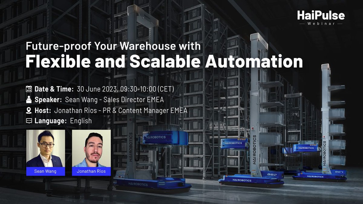 HaiRobotics's tweet image. 💡 Get ahead of the curve with the 'HaiPulse Webinar Series' from Hai Robotics.
A golden opportunity to discover the transformative potential of warehouse automation. Save your spot and sign up now: hubs.li/Q01TdWRC0
#HaiRobotics #WebinarSeries #HaiPulse