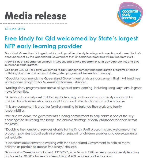 JCherryGEL's tweet photo. Media release fom @GoodStartel welcoming todays announcement by the Qld Govt and @gracextwo that the State will fund free kindy from January 2024. Great news for Qld families. https://t.co/4G5ucS1MnO