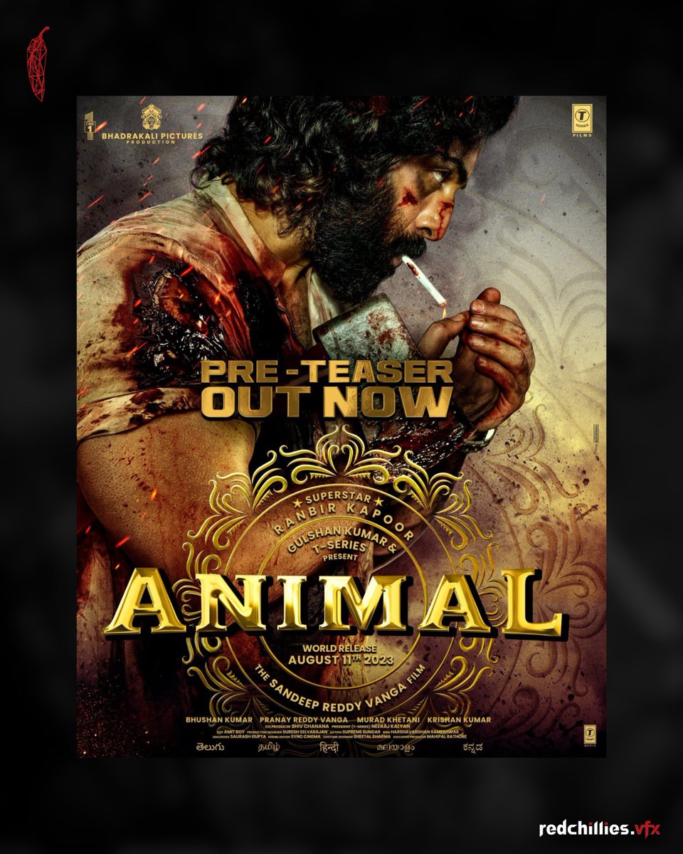 vfx_redchillies's tweet photo. #Animal Pre-teaser out now! Just #2MonthsToAnimal. 
We are proud to be a part of this film. 

#Animal in cinemas on 11th August.

Watch Pre-Teaser : https://t.co/cDlEax7DOi https://t.co/zIUW2rZ68r