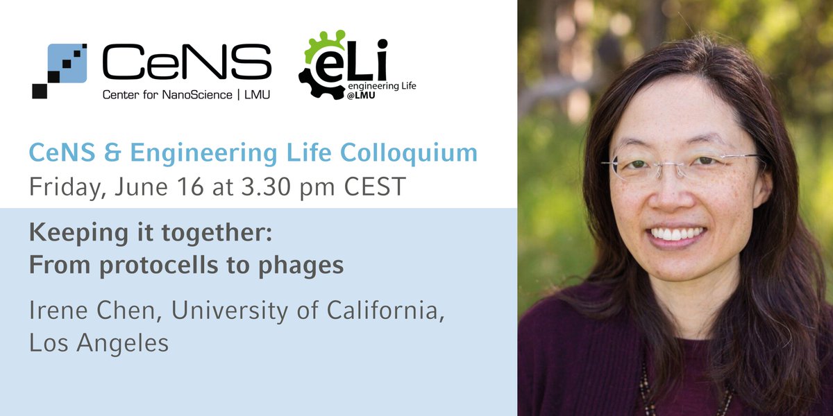 Joint seminar with <a href="/ELI_LMU/">Engineering Life Initative</a> : Irene Chen <a href="/UCLA/">UCLA</a> on encapsulation of RNA and the implications of spatial organization for understanding the origin of life and developing applications in biotechnology. 
🗓️June 16, 3.30 pm CEST
➡️cens.de/calendar/summe…