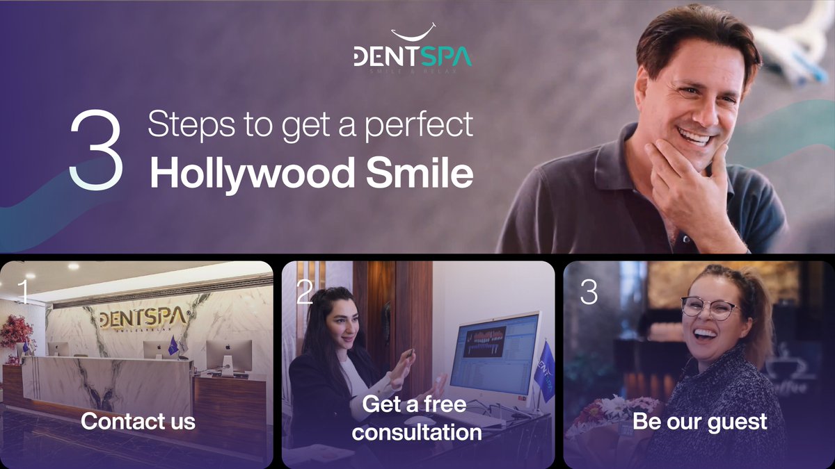 DentSpaINT's tweet photo. There are three steps through which you can get a glamourous Hollywood smile:👇
🌐https://t.co/SUtvFhm9Ky

#hollywoodsmile #Smile #perfectsmile #dentalcare  #smilemakeover  #Dentist  #smile  #dentistry https://t.co/L8h1p5fDFj