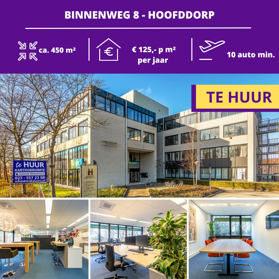 Op loopafstand van het Stadscentrum #Hoofddorp is aan de Binnenweg 8 ca. 450 m2 #kantoorruimte #tehuur. Het kantoorgebouw is eveneens zeer gunstig gelegen ten opzichte van de uitvalswegen en het NS-station Hoofddorp. Meer weten? Bel dan 023 – 557 22 88, Schenk Makelaars.
