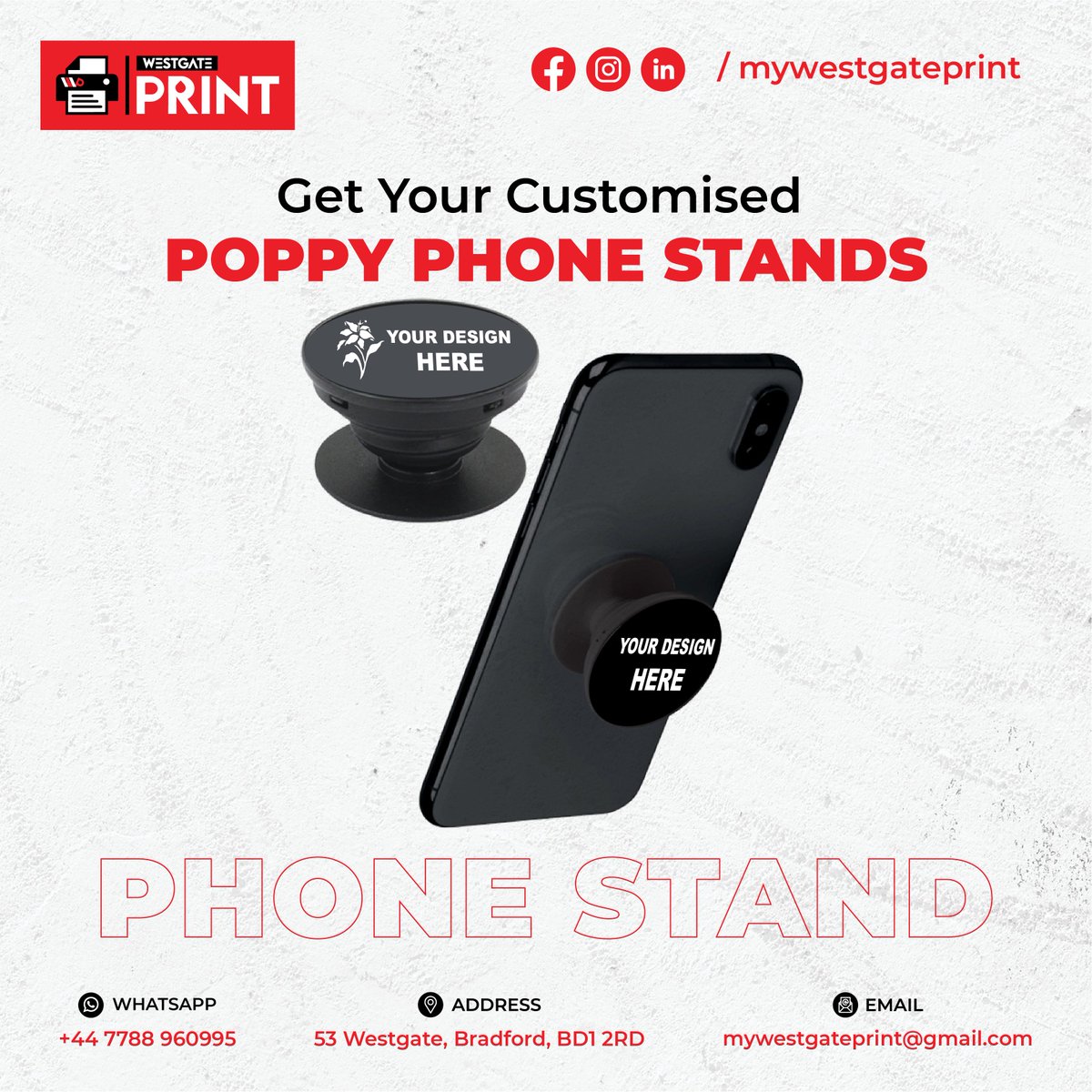 Elevate your phone usage with our custom Poppy phone stand. Place your order today and enjoy a secure grip and convenient viewing angles
#PoppyPhoneStand #CustomPrinting #OrderNow
#mailboxesetc #westgateprint #best_westgateprint_bradford #FastPrint_Bradford #WestgatePrintBradford