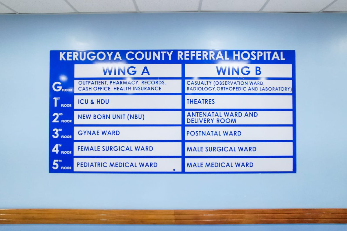 Kerugoya Level 5 Medical complex services:-
-outpatient services,
-in-patient services, 
-specialized medical services including pediatrics, ENT, oncology, dermatology, orthopedics, neuro-pediatrics, obstetrics and gynecology etc
-modernized ICU
#KerugoyaLevel5HospitalOpen