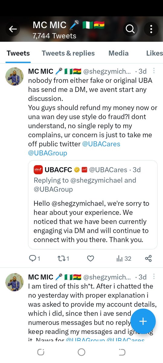 shegzymichael's tweet photo. @UBACares is becoming a disaster. Their customer service is very poor, for 3 days have been complaining through tweet, even send DM,call customer service no, no reply. No wonder people are now saving with @OPay_NG @palmpay_ng like i will do same, they kuku no dey charge4 transac. https://t.co/8ZIjyCjilY