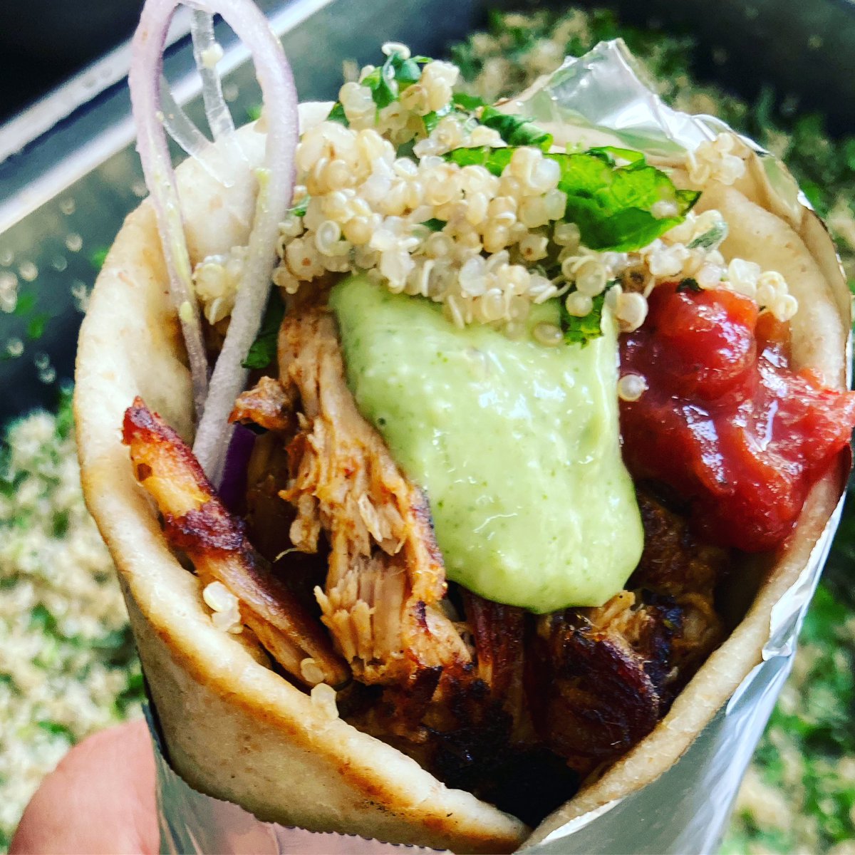 ☀️ lunch special ☀️                     This weeks hot lunch special:
Peruvian chilli pork flatbread, Aji verde ( peruvian green sauce with chilli ) fresh herb quinoa &amp; tomato salsa. Available daily from 11:15 am. #shoplocal #supportlocal