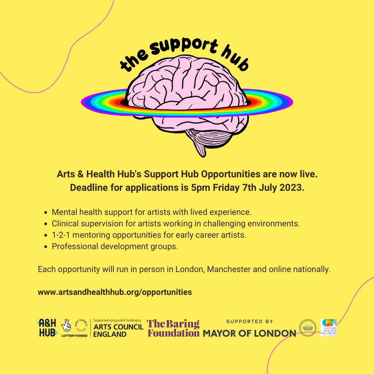 📣 🎉OPEN CALL: SUPPORT HUB OPPORTUNITIES 🎉📣

4 strands of support for artists exploring health &amp; wellbeing are live!

Apply for mental health support, work therapy, mentoring &amp; professional development help.

‼️Deadline 5pm 7th July. Share far &amp; wide!

artsandhealthhub.org/opportunities