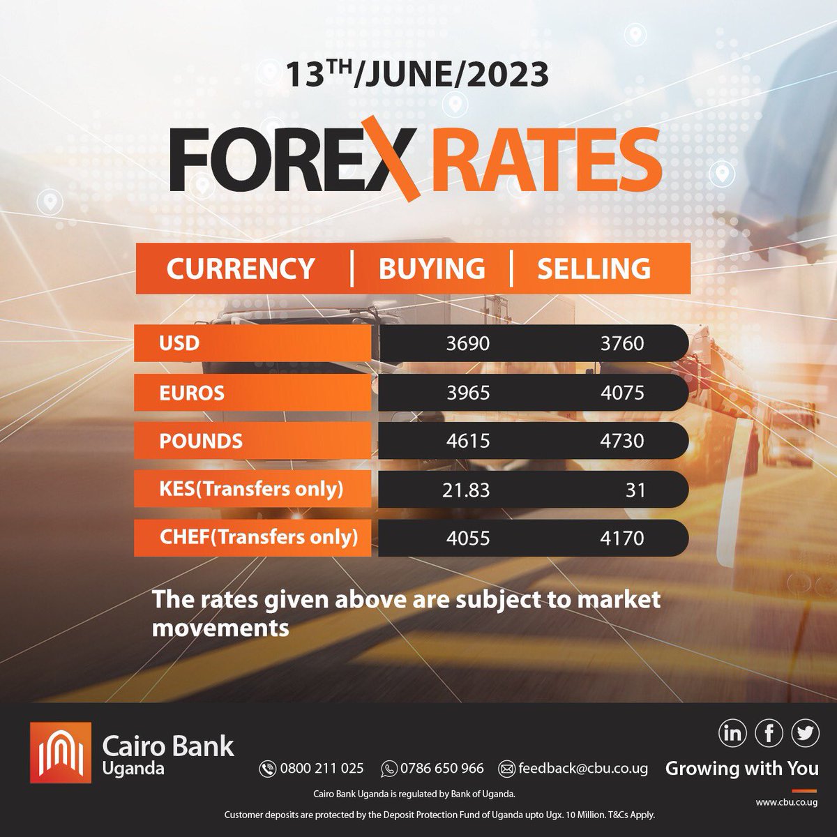 Forex Rates | 13 June, 2023

⚠️ Rates given are subject to market movements❗️

#CairoBanks #ForexRates #Money #MoneyMatters #MoneyInTheBank #Rates #Forex #ForexBanking #MoneyExchange #commerce #MoneyTalks #MoneyTips