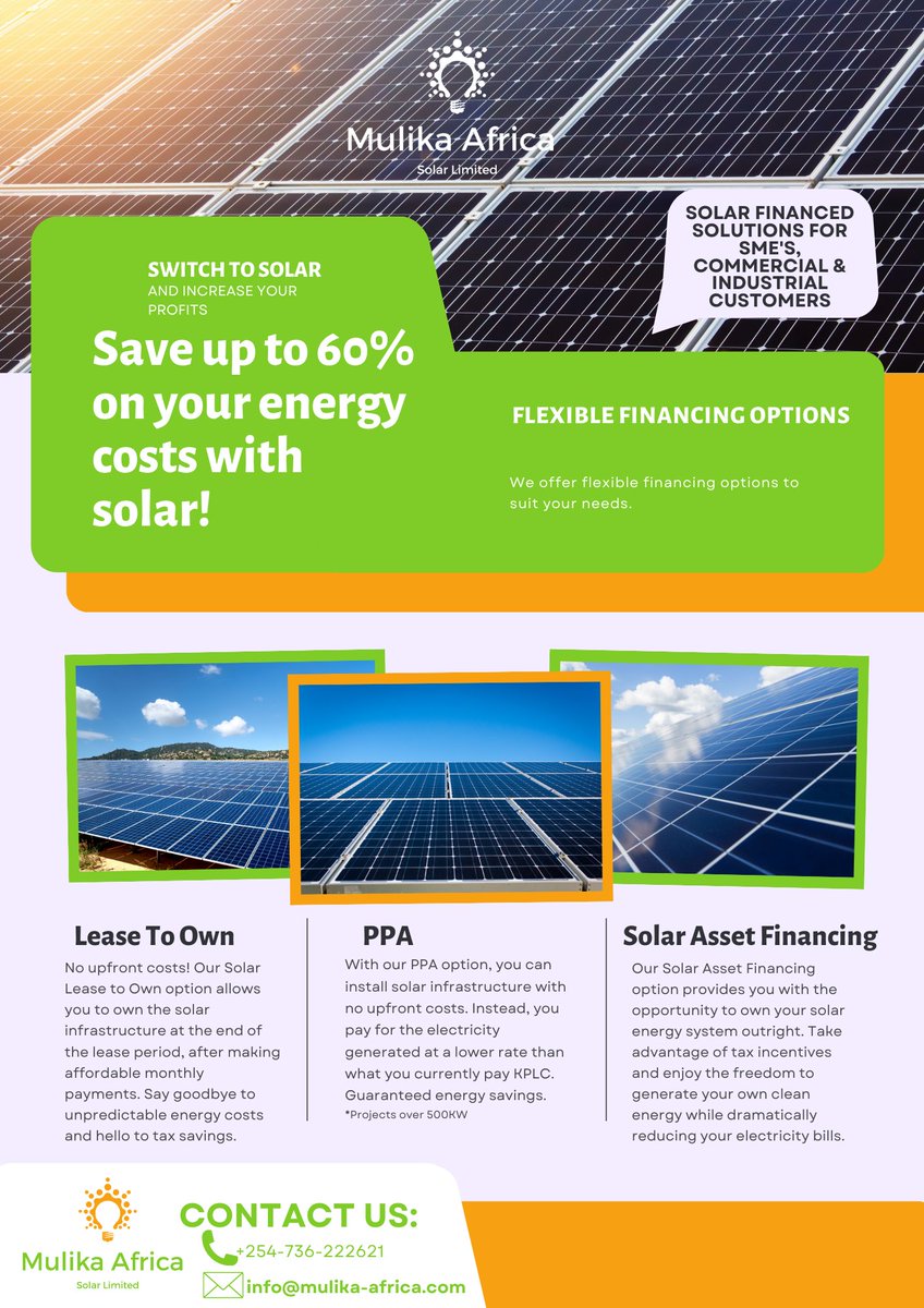 MulikaNaSolar's tweet photo. Are you a manufacturer or industry, agricultural outputs processing plant or even an SME business looking to save on electricity costs? We have a solution for you. Our solar financed solutions are ideal for customers with monthly electricity bills of over Ksh 300K. Contact us! https://t.co/iyDmKfrRTb