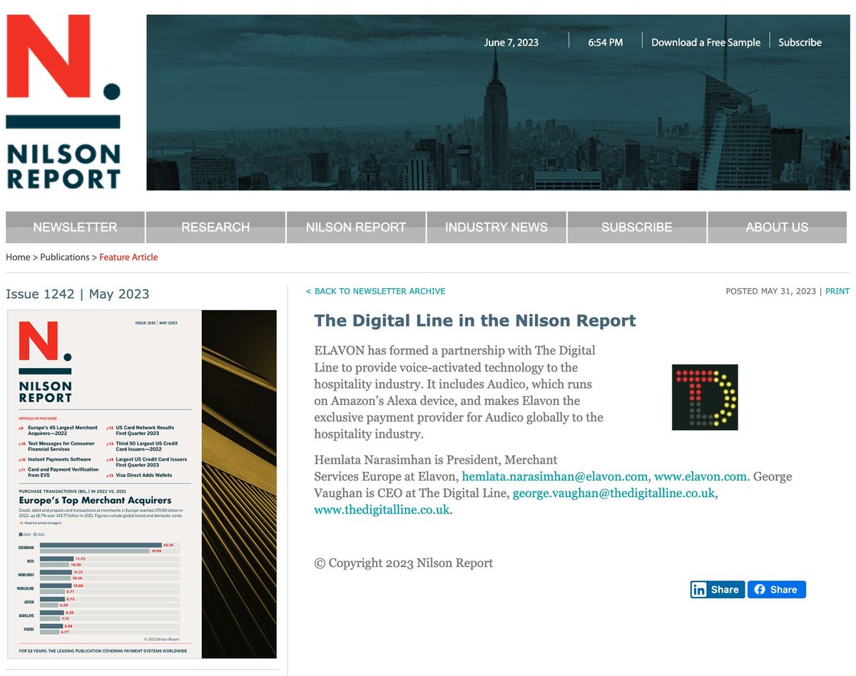 TheDigitalLine's tweet photo. Great to see The Digital Line and audico partnerships with Elavon Europe referenced in the latest edition of the prestigious Nilson Report 

https://t.co/m0ynEwToPl

#nilsonreport @ElavonEurope #audico #partnerships  #amazon #hospitality #paymentsprovider #voiceactivated https://t.co/M8eScrO0GM