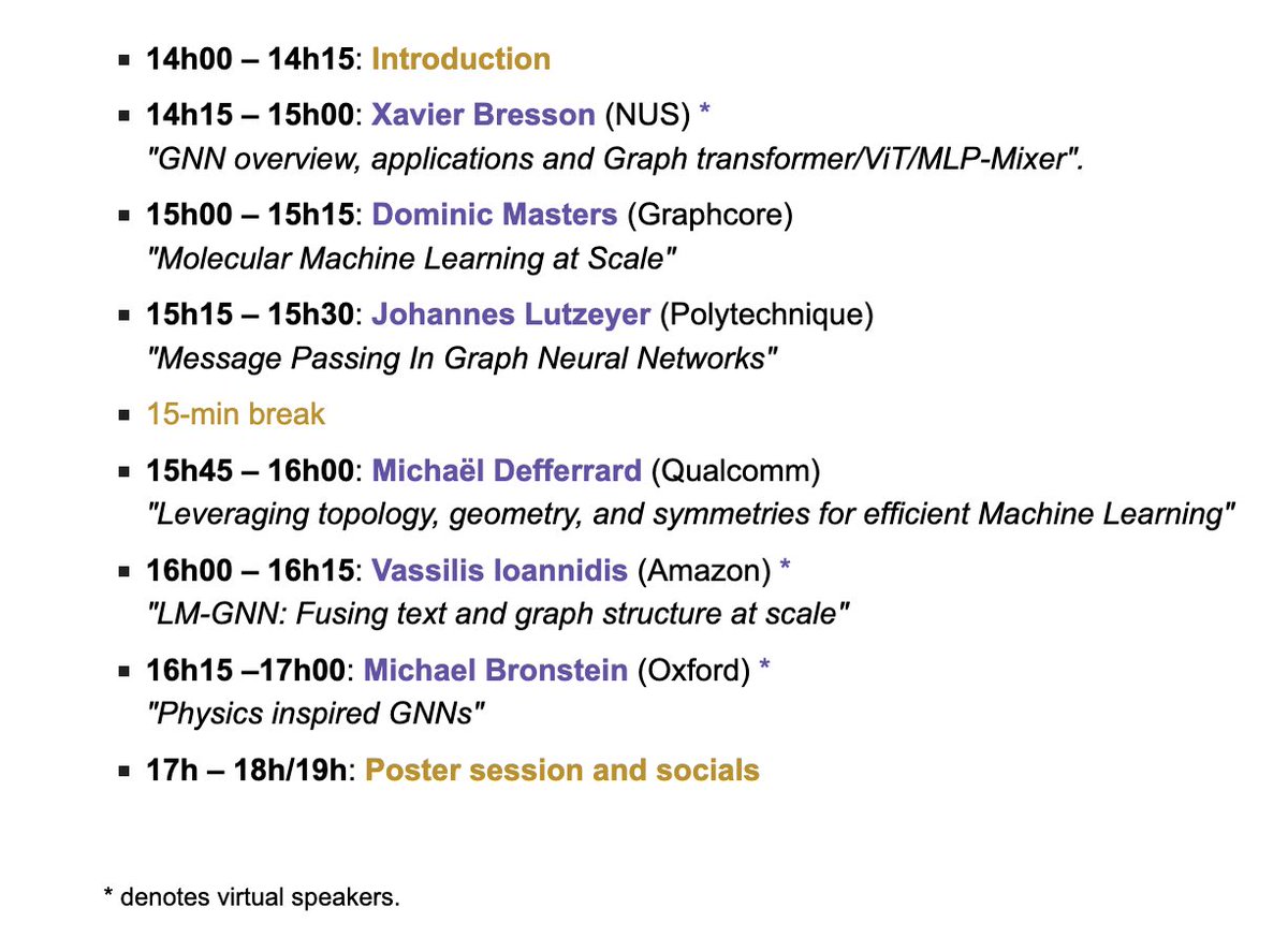 Here is the schedule ! Thanks to our amazing line of speakers for accepting to share their research and insights about Graph Machine Learning. @xbresson @mmbronstein @JLutzeyer @m_deff @dominic_masters @graphcoreai and Vassilis N. Ioannidis from @AmazonScience.