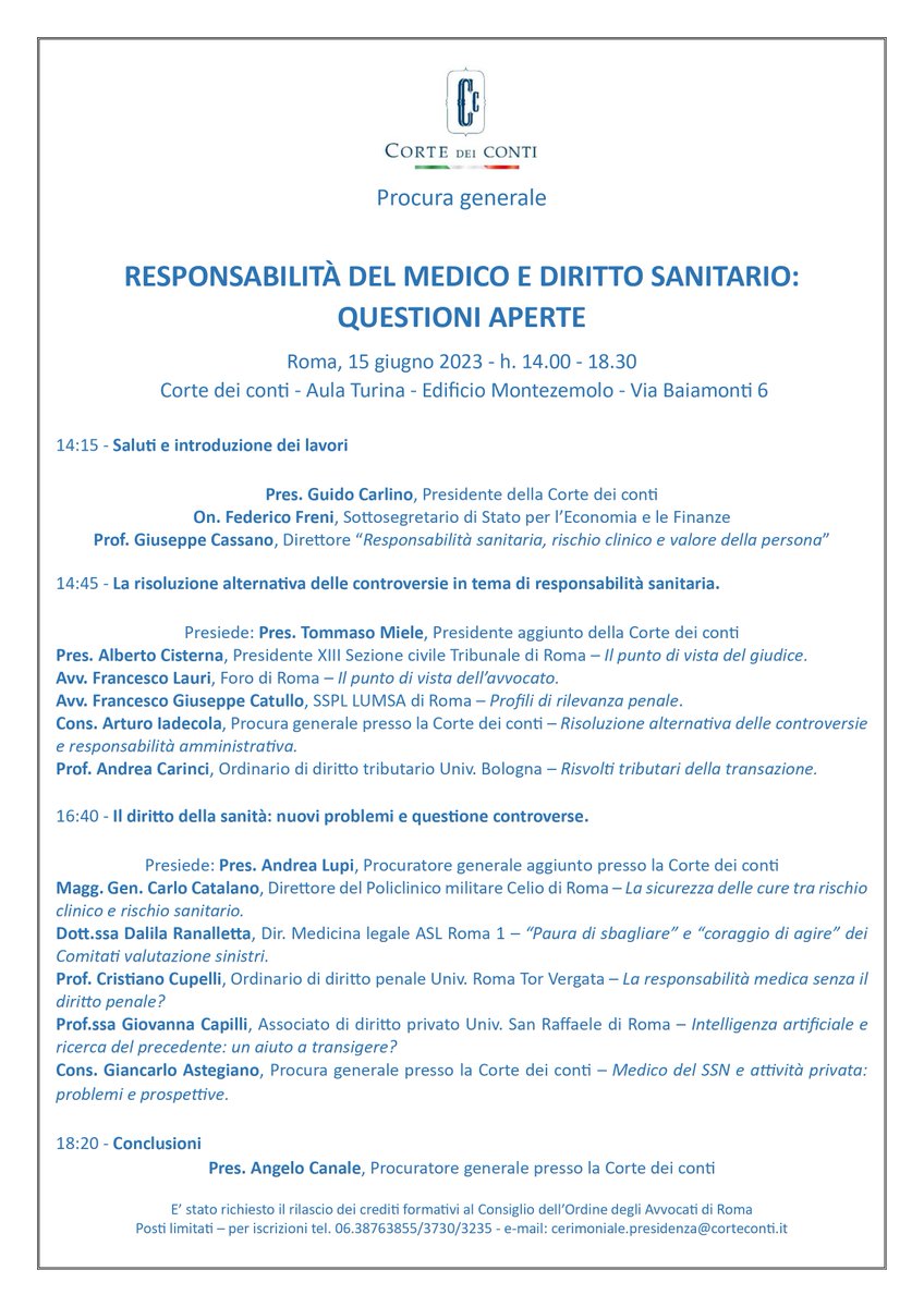 Unisanraffaele's tweet image. Giovedì 15 giugno, dalle ore 14:00, la Corte dei Conti ospiterà un importante convegno dal titolo "Responsabilità del medico e il diritto sanitario".