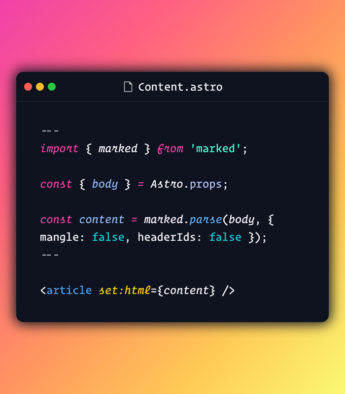 eliostruyf's tweet photo. I want to do a roll-up of quick news on a homepage with @astrodotbuild.  Is this the right way to use *marked*, or is there a better way to show the parsed markdown content in a rollup? #Astro #AstroHelp https://t.co/biGoJCVyw6