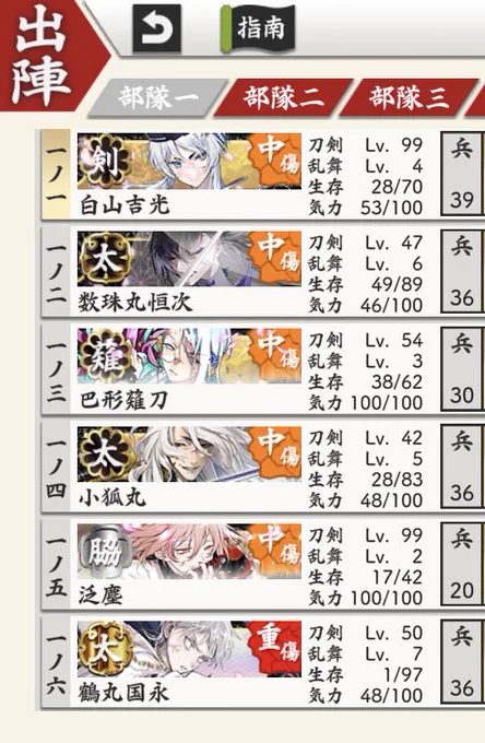 やはり途中大太刀を入れないとやばかったので石切丸様に活躍していただく。
レベリングまあまあ出来ました✌️
白山病院のおかげで余り資材使わなくてすみました。ありがとうございます😊 