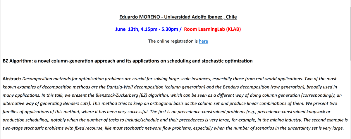ILjubic's tweet photo. .@borelian will speak today in our OMOR seminar @essec about #columngeneration for #stochastic #optimization and #scheduling

Drop me a DM to get a zoom link if you wish to attend his talk online.

#orms https://t.co/tdMTCsuude