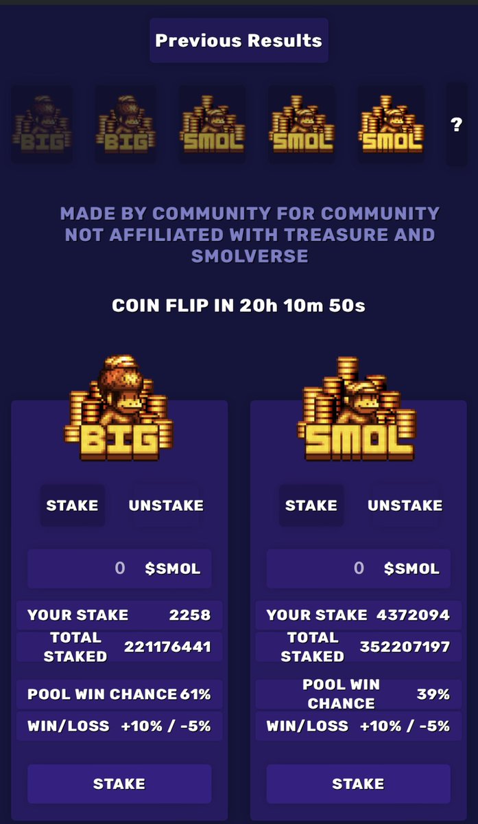 Flip #48
Big 58% chance to win
Smol 42% chance to win

💰Smol wins again! Dominating showing from Smol, 3x in a row, Smol = Joker confirmed?

Congratulations to the winners!
Next Flip #49 chance now:
Big 61%
Smol 39%