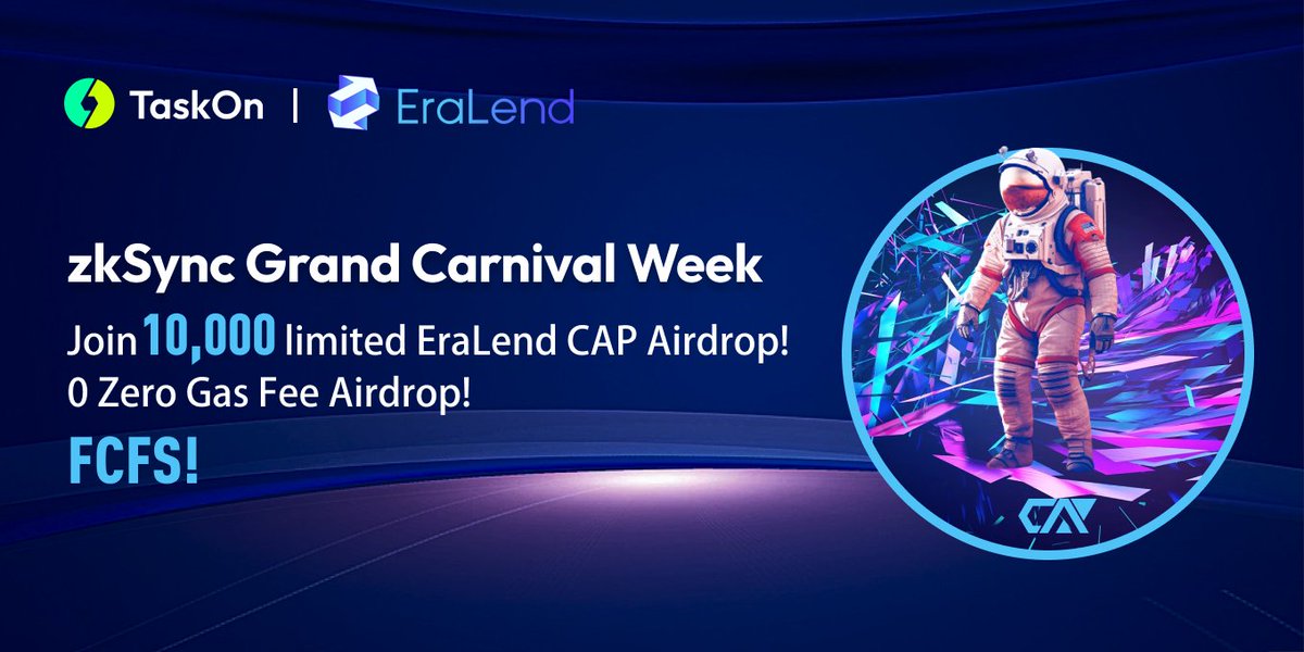 🧑‍🚀EraNauts, 🚀#zkSync Grand Carnival Week is now in full swing, and we're thrilled to have partnered with @taskonxyz for the journey.

🎁 10,000 limited #CAPs with zero gas fees #FCFS
⏰ June 13th, 10:00 - June 23rd, 10:00 (UTC)

Prepare for boarding now👇
taskon.xyz/campaign/detai……